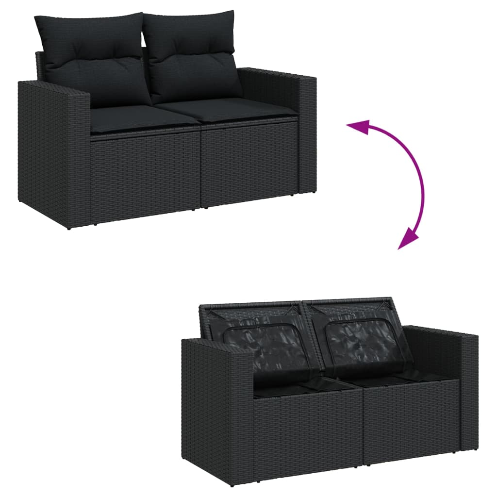 7 pcs conjunto de sofás p/ jardim c/ almofadões vime PE preto