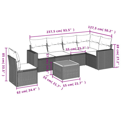 7 pcs conjunto de sofás p/ jardim com almofadões vime PE bege