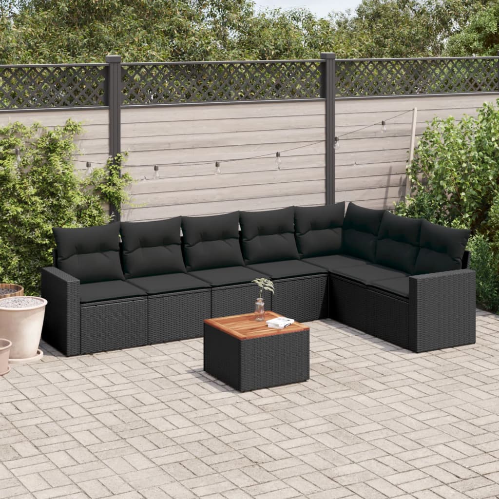 8 pcs conjunto sofás de jardim com almofadões vime PE preto