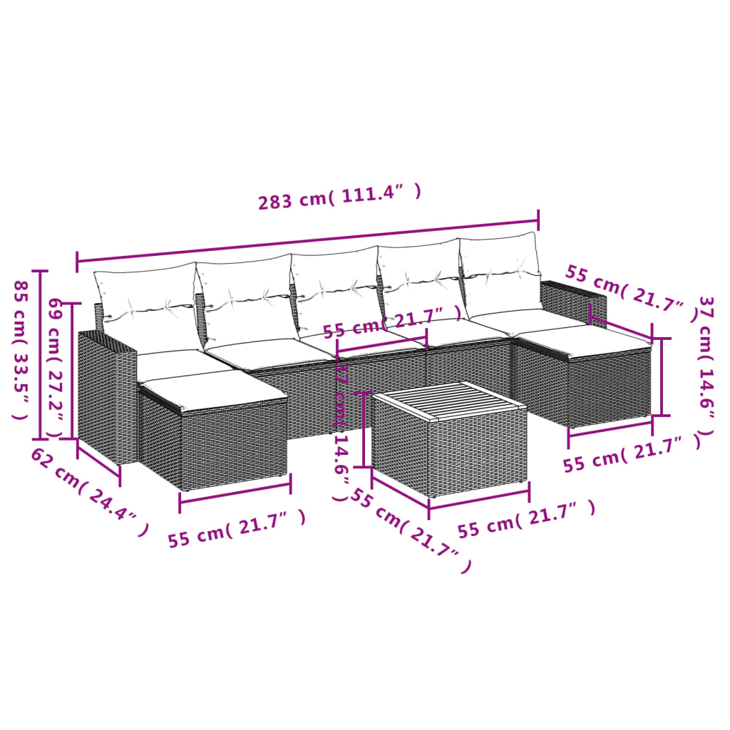 8 pcs conjunto sofás de jardim com almofadões vime PE preto