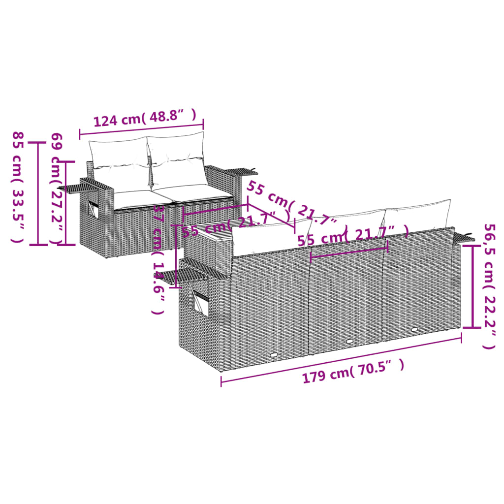 6 pcs conjunto sofás de jardim com almofadões vime cinzento