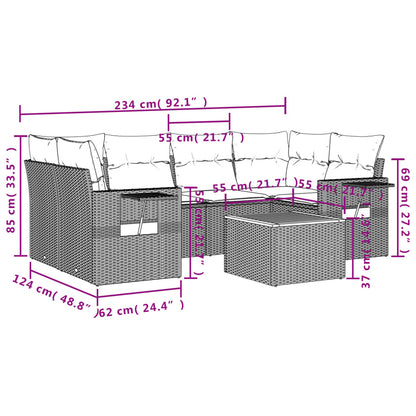 7 pcs conjunto de sofás p/ jardim com almofadões vime PE bege