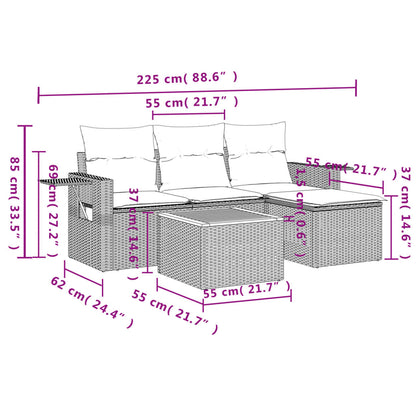 5 pcs conjunto sofás de jardim c/ almofadões vime PE cinzento