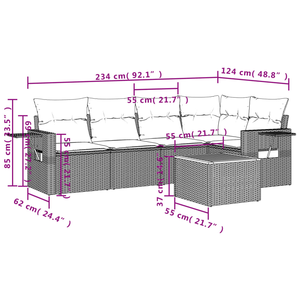 6 pcs conjunto sofás de jardim c/ almofadões vime PE preto