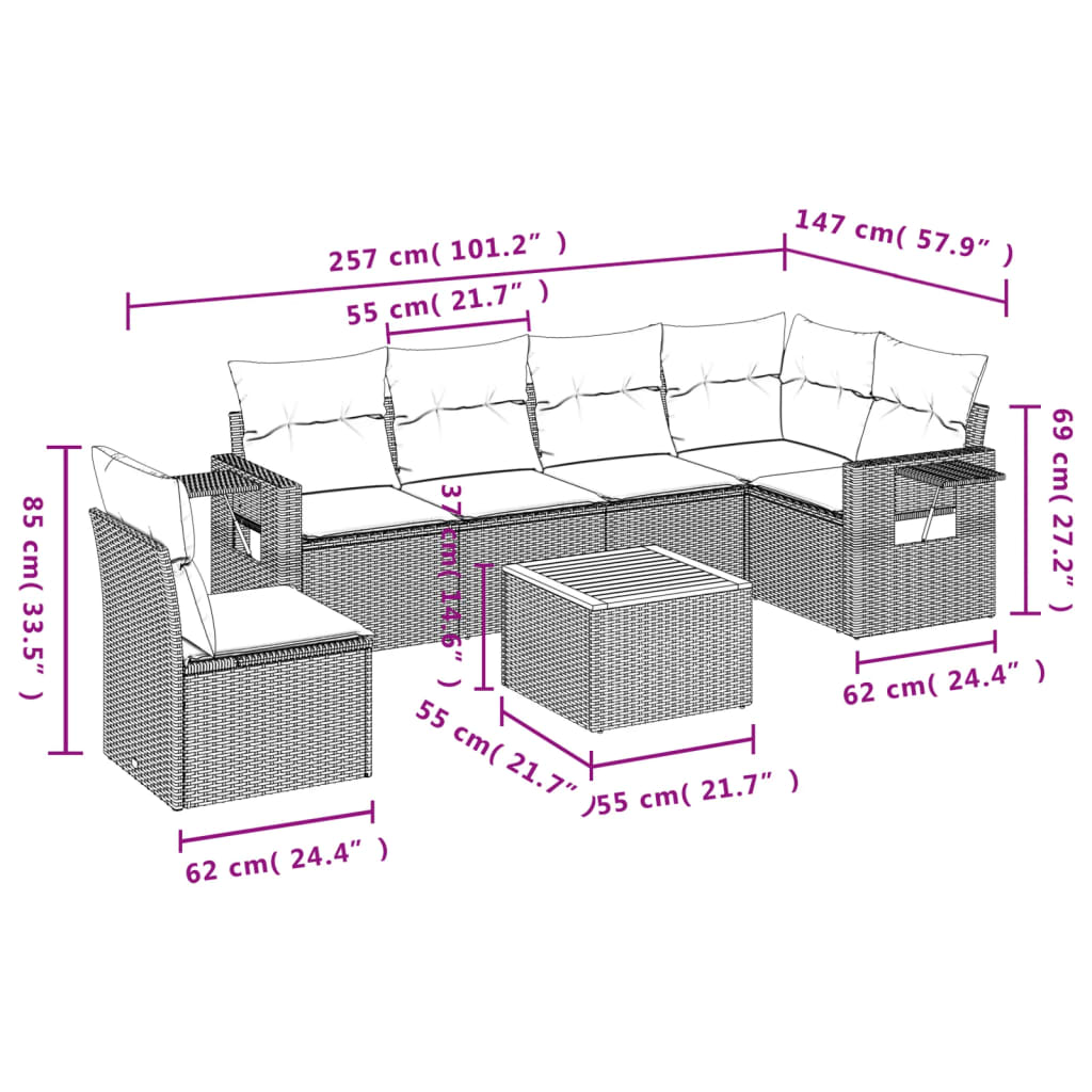 7 pcs conjunto de sofás p/ jardim c/ almofadões vime PE preto