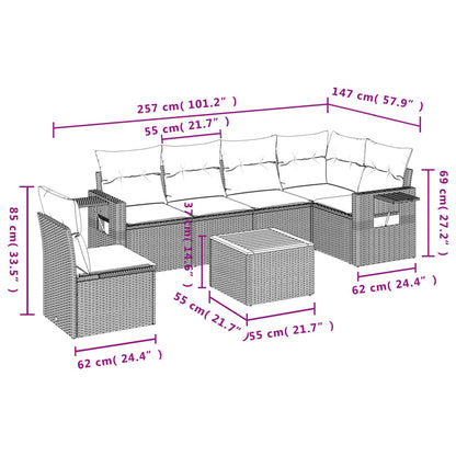 7 pcs conj. sofás jardim c/ almofadões vime PE bege misturado