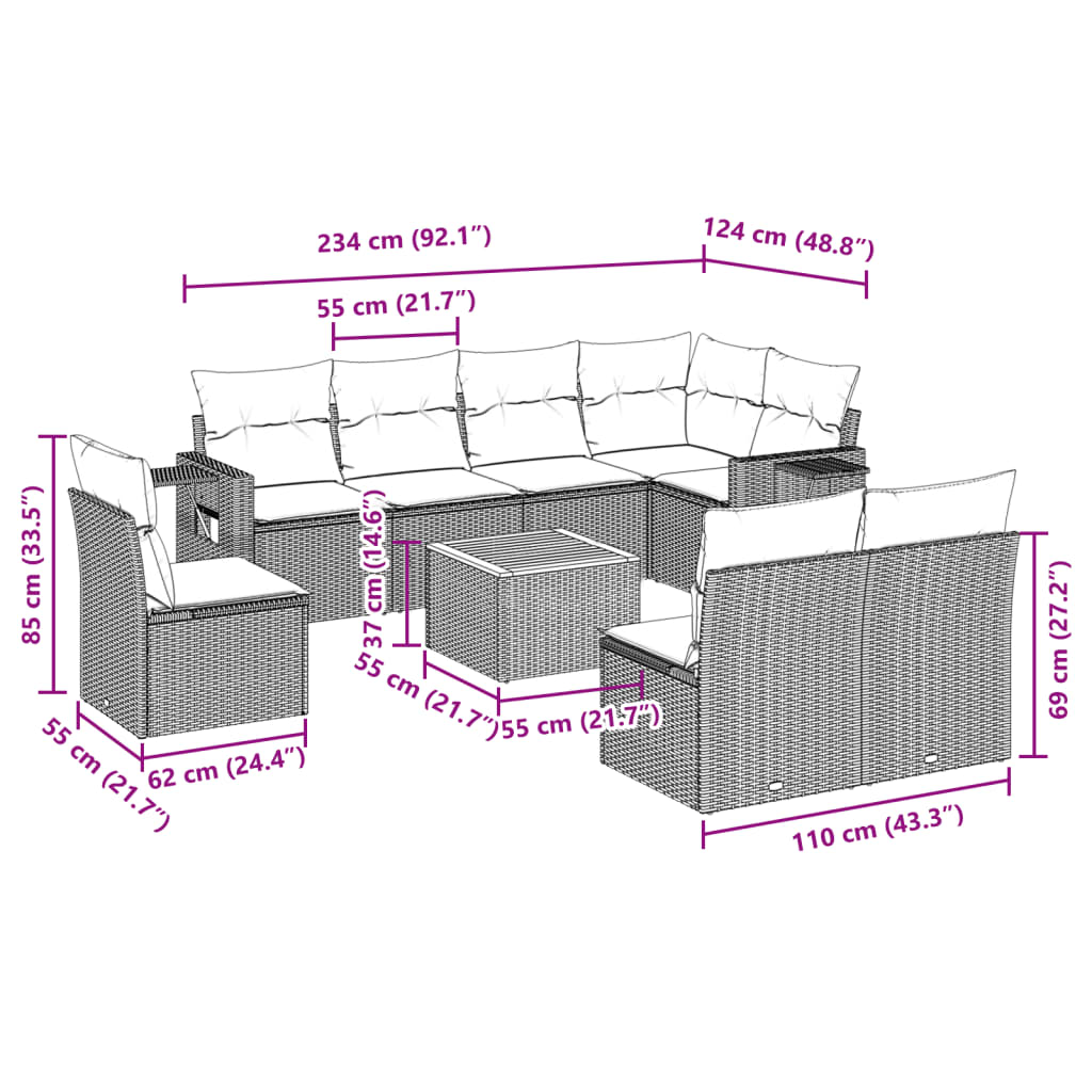 9 pcs conjunto de sofás p/ jardim c/ almofadões vime PE preto