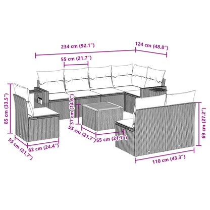 9 pcs conjunto de sofás p/ jardim c/ almofadões vime PE preto