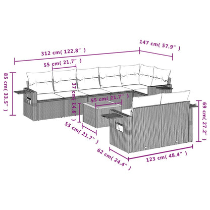 9 pcs conjunto sofás p/ jardim com almofadões vime PE cinzento