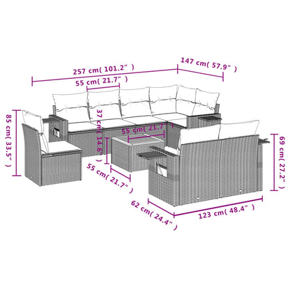 9 pcs conjunto de sofás p/ jardim com almofadões vime PE bege