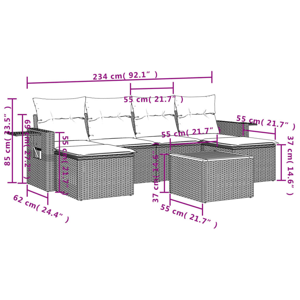 7 pcs conjunto de sofás p/ jardim com almofadões vime PE bege