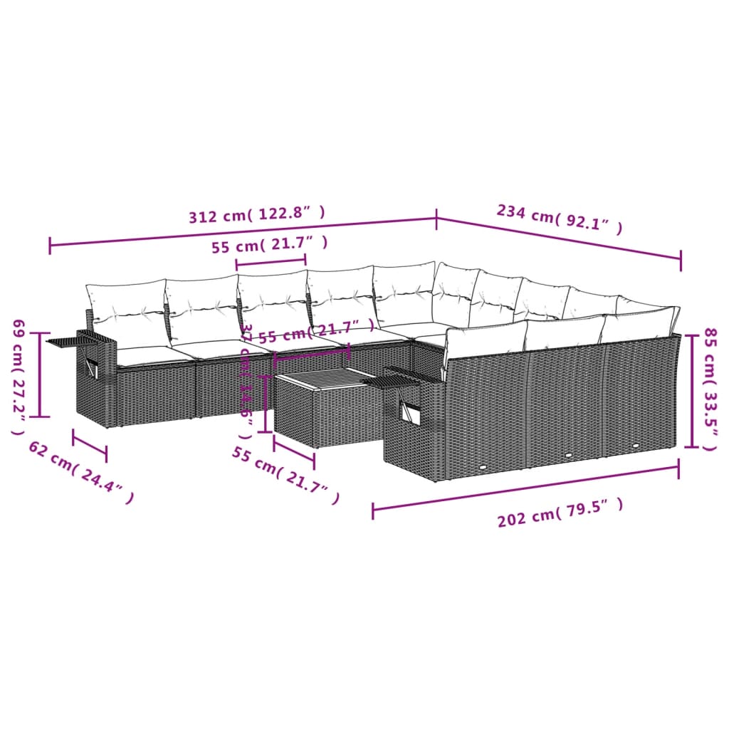 12 pcs conjunto de sofás de jardim c/ almofadões vime PE preto