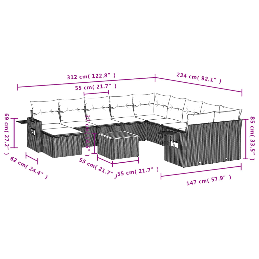 14 pcs conjunto sofás p/ jardim c/ almofadões vime PE cinzento