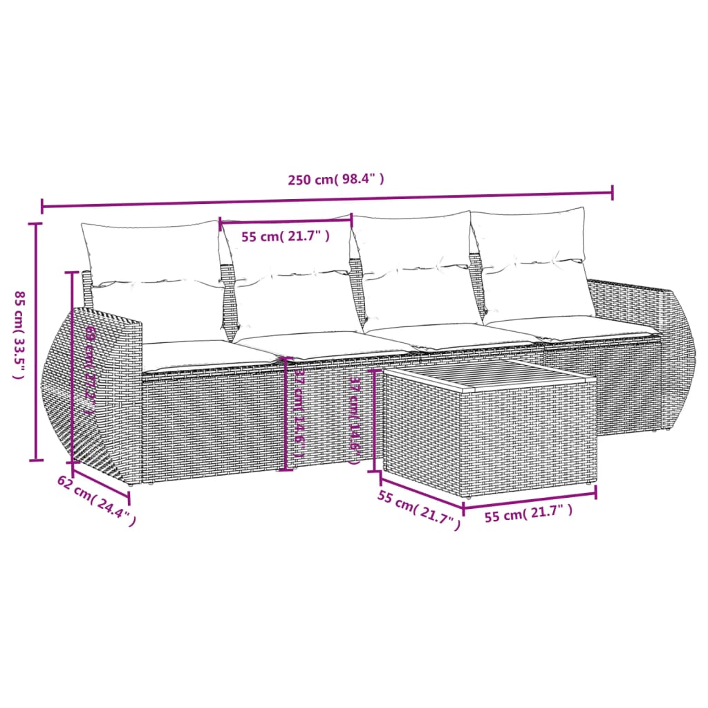 5 pcs conjunto de sofás p/ jardim com almofadões vime PE bege