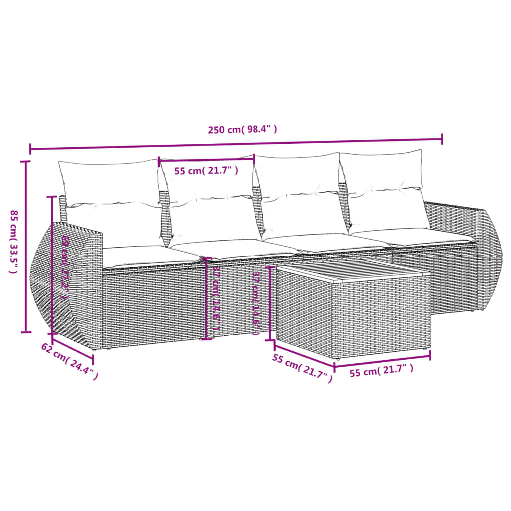 5 pcs conjunto de sofás p/ jardim com almofadões vime PE bege