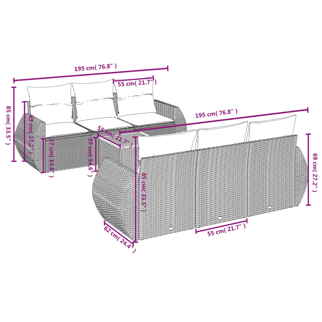 7 pcs conjunto de sofás p/ jardim c/ almofadões vime PE preto