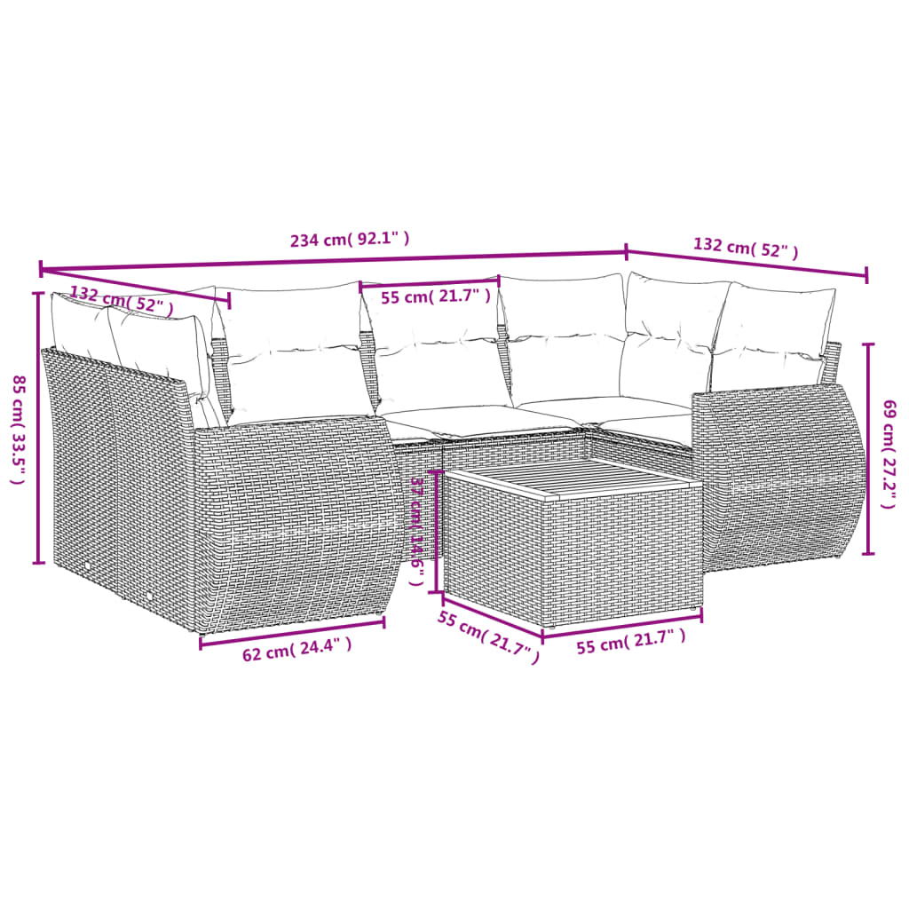 7 pcs conjunto de sofás p/ jardim com almofadões vime PE bege