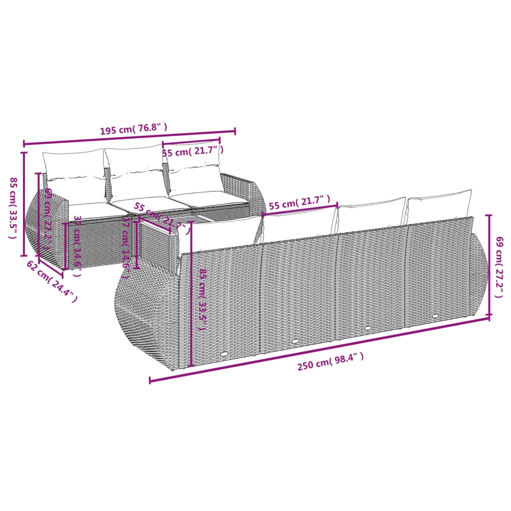 8 pcs conjunto sofás de jardim com almofadões vime PE preto