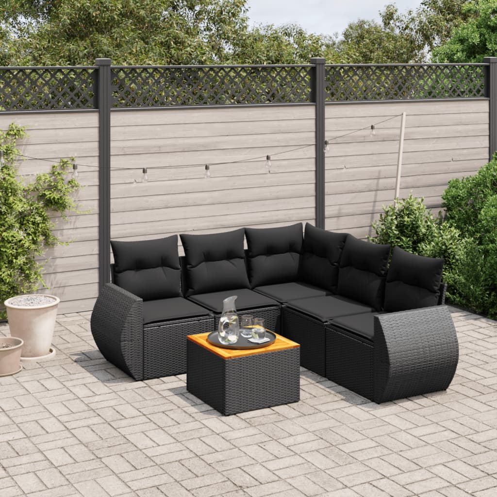 6 pcs conjunto sofás de jardim c/ almofadões vime PE preto