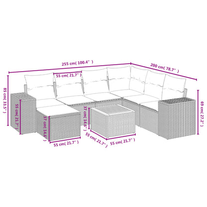 8 pcs conjunto de sofás p/ jardim com almofadões vime PE bege