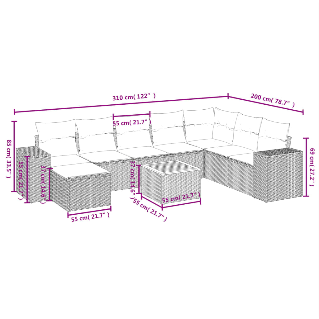 9 pcs conjunto de sofás p/ jardim c/ almofadões vime PE preto