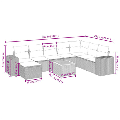 9 pcs conjunto de sofás p/ jardim c/ almofadões vime PE preto