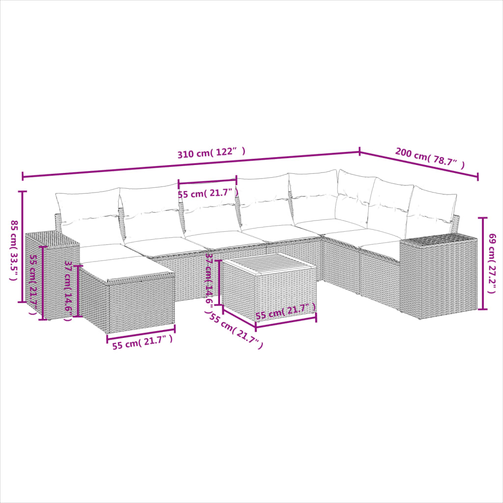 9 pcs conjunto de sofás p/ jardim com almofadões vime PE bege