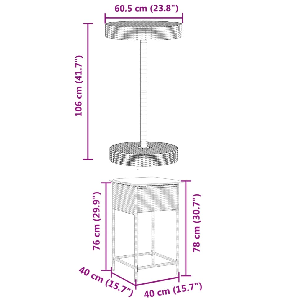 3 pcs conjunto de bar p/ jardim com almofadões vime PE castanho