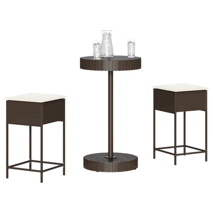 3 pcs conjunto de bar p/ jardim com almofadões vime PE castanho