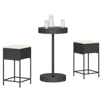 3 pcs conjunto de bar para jardim c/ almofadões vime PE preto