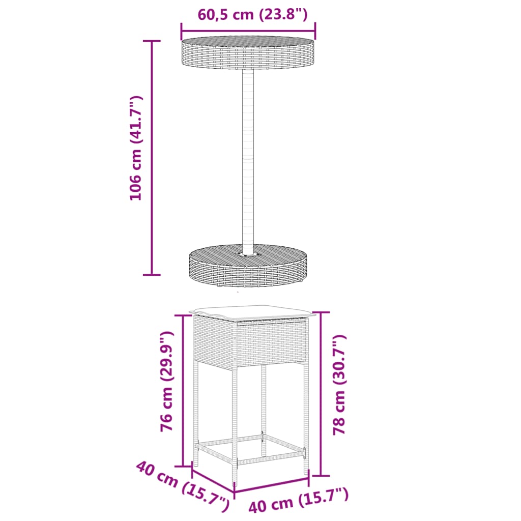 3 pcs conjunto de bar p/ jardim c/ almofadões vime PE cinzento