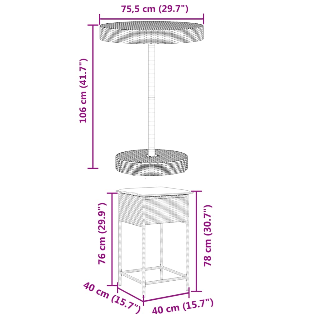 5 pcs conjunto de bar p/ jardim c/ almofadões vime PE castanho