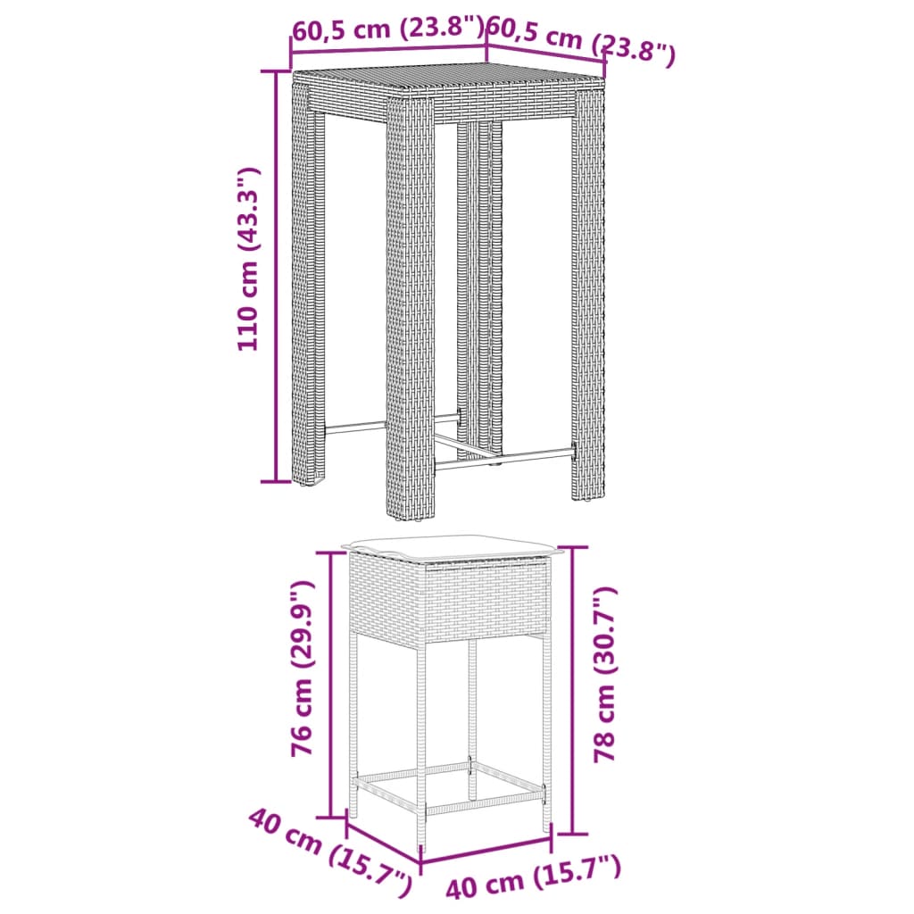 3 pcs conjunto de bar p/ jardim com almofadões vime PE castanho