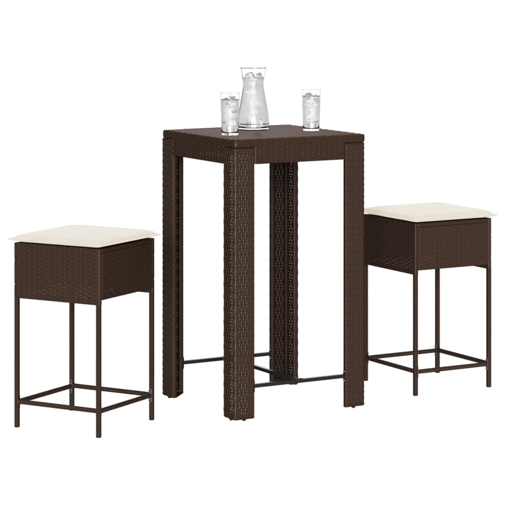 3 pcs conjunto de bar p/ jardim com almofadões vime PE castanho