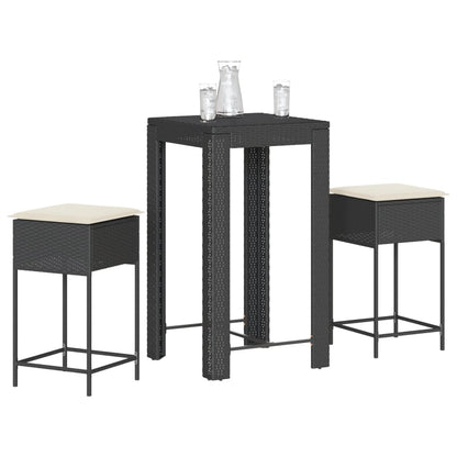 3 pcs conjunto de bar para jardim c/ almofadões vime PE preto