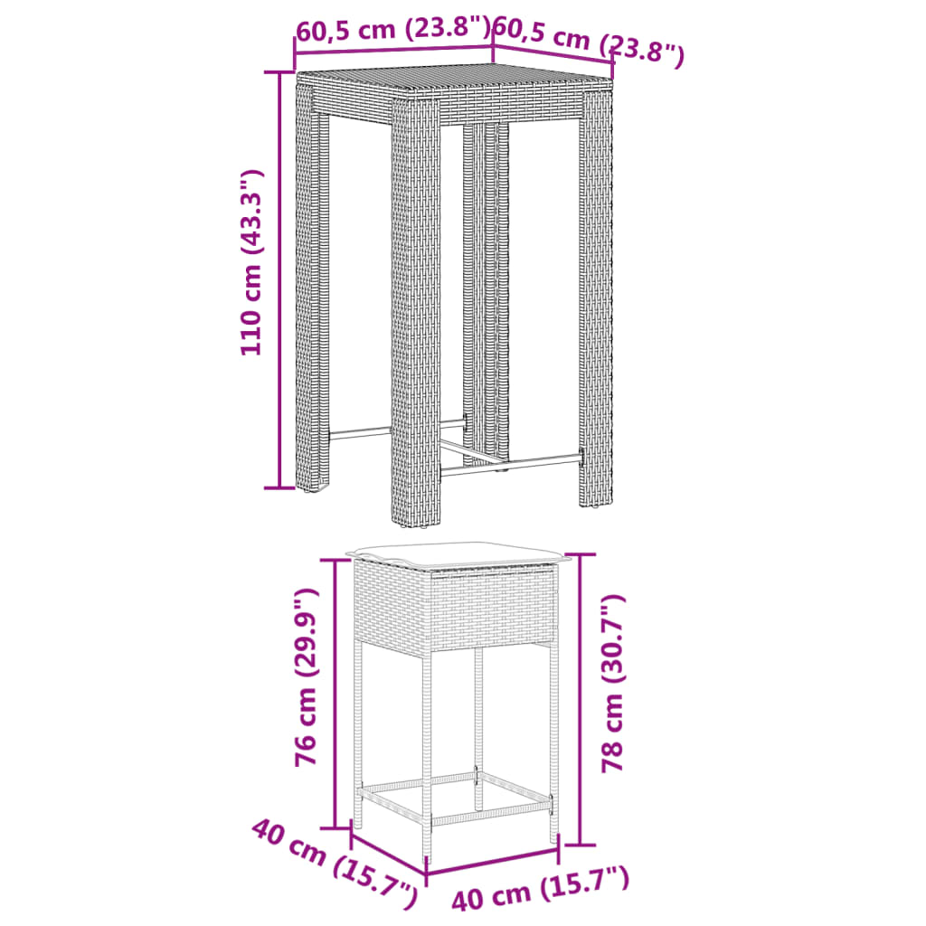 5 pcs conjunto de bar p/ jardim c/ almofadões vime PE cinzento