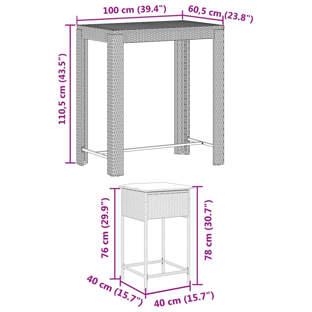 5 pcs conjunto de bar p/ jardim c/ almofadões vime PE cinzento