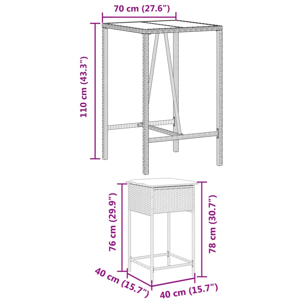 3 pcs conjunto de bar p/ jardim com almofadões vime PE castanho