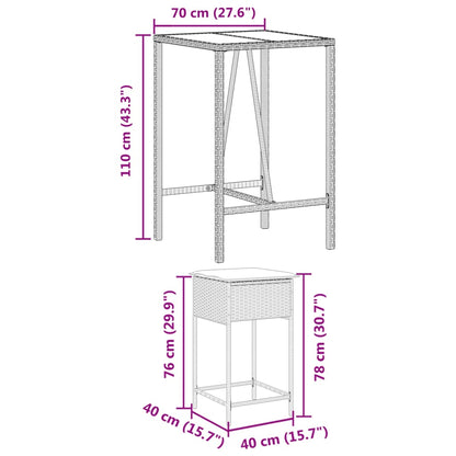 3 pcs conjunto de bar p/ jardim com almofadões vime PE castanho