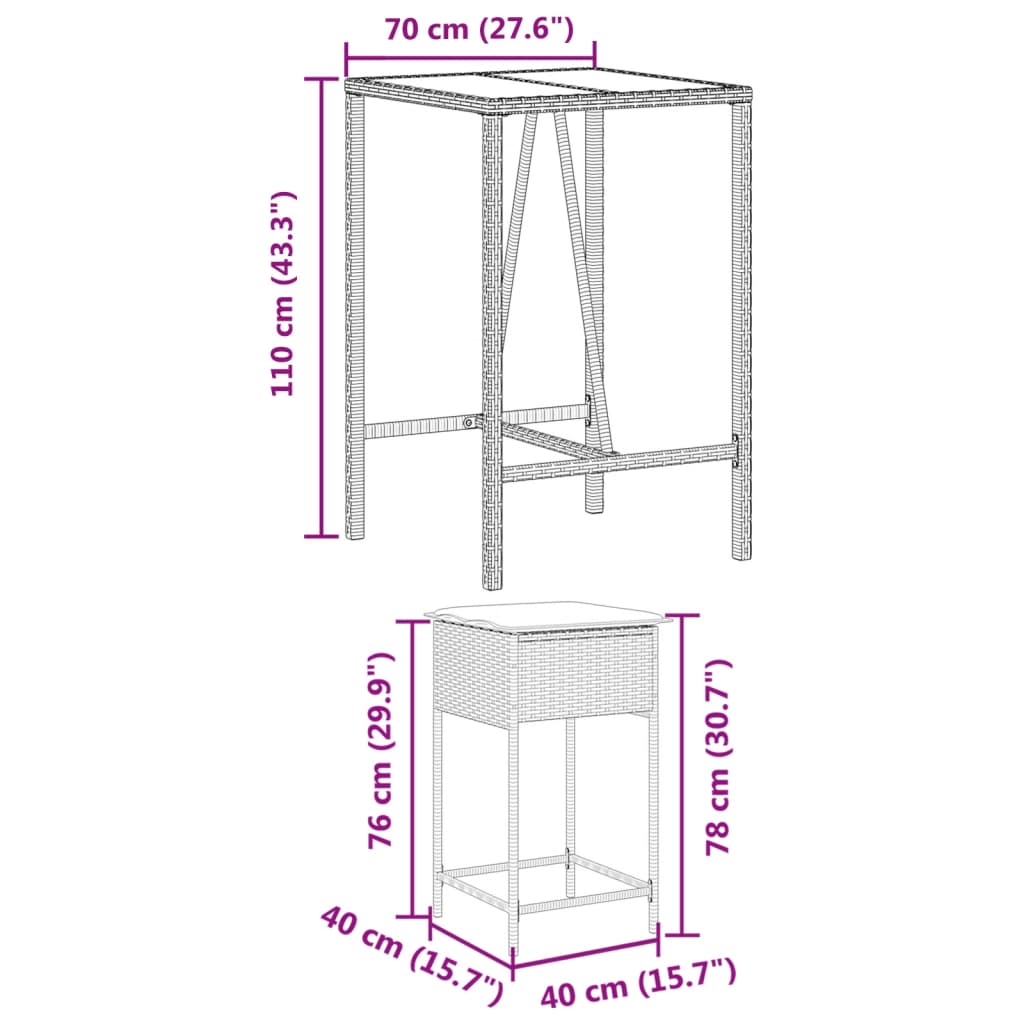 5 pcs conjunto de bar p/ jardim c/ almofadões vime PE castanho