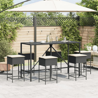 7 pcs conjunto de bar para jardim c/ almofadões vime PE preto