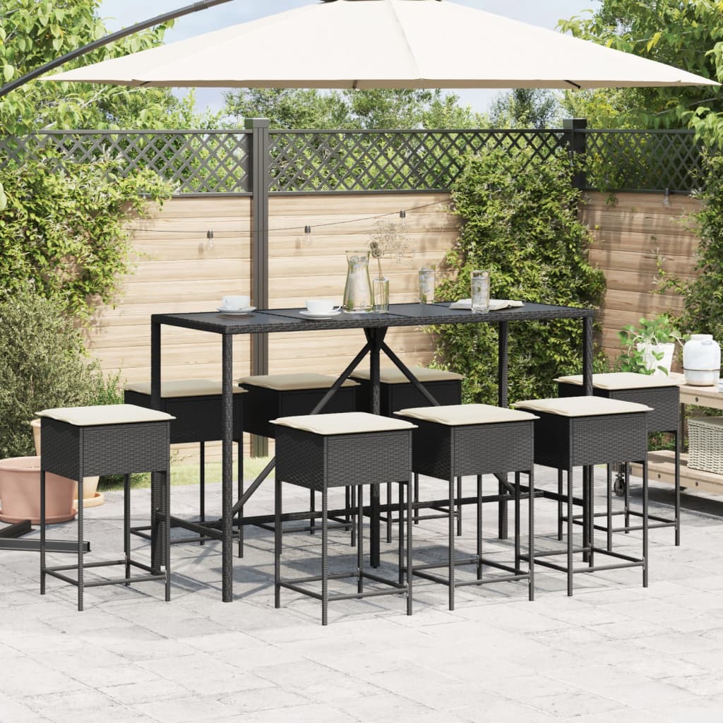 9 pcs conjunto de bar para jardim c/ almofadões vime PE preto