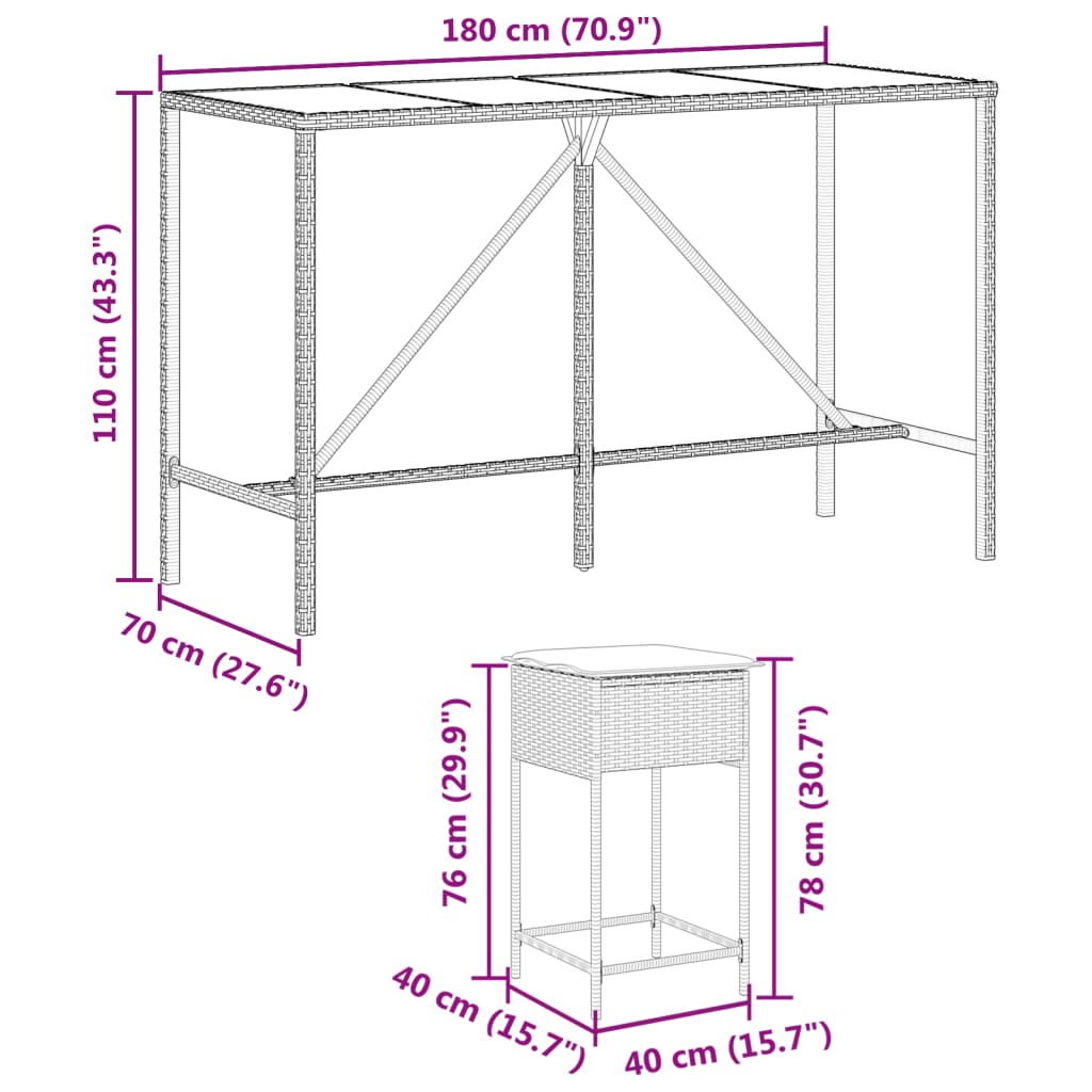 9 pcs conjunto de bar para jardim c/ almofadões vime PE preto