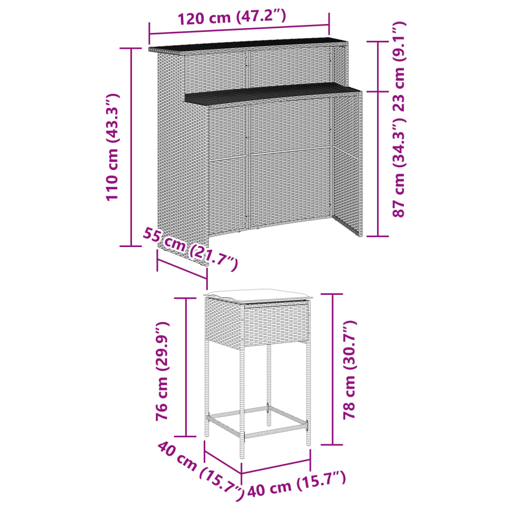 3 pcs conjunto de bar p/ jardim com almofadões vime PE castanho