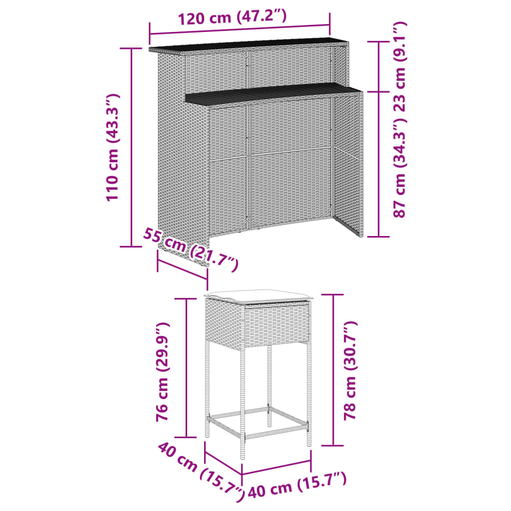 5 pcs conjunto de bar p/ jardim c/ almofadões vime PE castanho