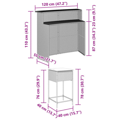 5 pcs conjunto de bar p/ jardim c/ almofadões vime PE castanho