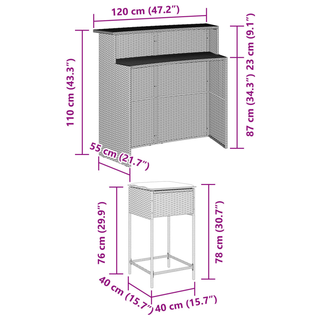 5 pcs conjunto de bar p/ jardim c/ almofadões vime PE preto