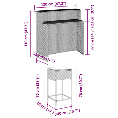 5 pcs conjunto de bar p/ jardim c/ almofadões vime PE preto