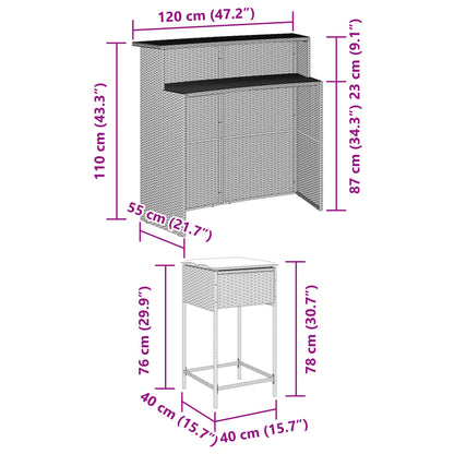 3 pcs conjunto de bar p/ jardim c/ almofadões vime PE cinzento