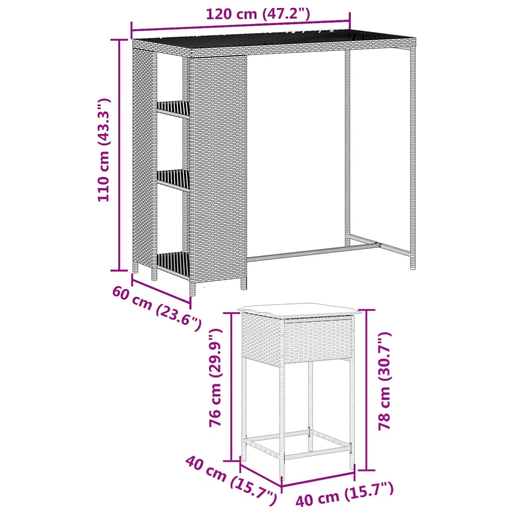 5 pcs conjunto de bar p/ jardim c/ almofadões vime PE castanho